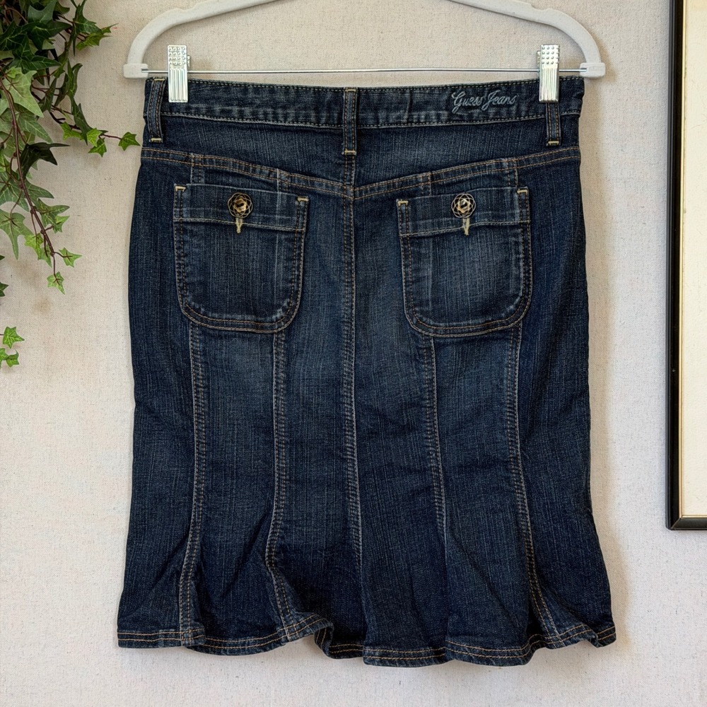 Guess Blue Denim Skirt Y2K Indie Sleaze 27 Fitted Flared Low Rise Girly Pleated